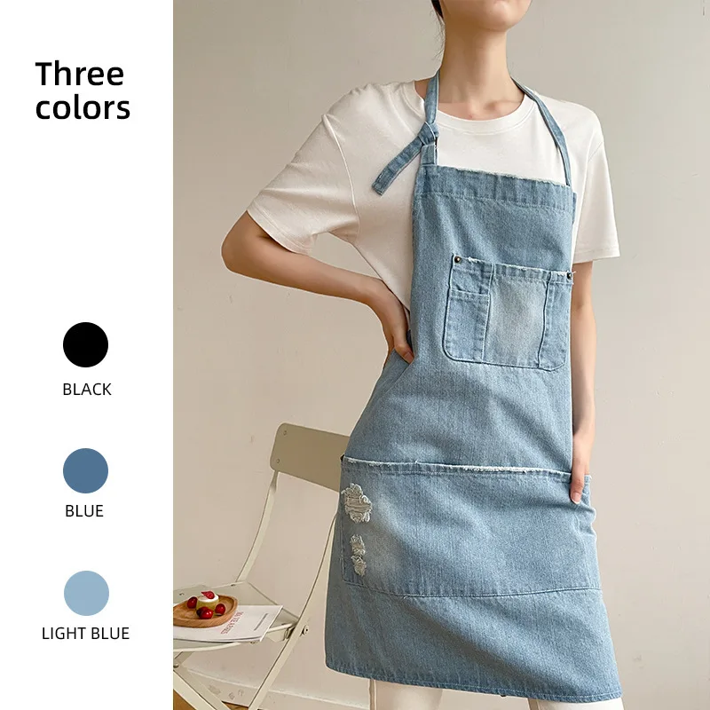Cotton Blue Denim Simple Aprons Uniform Unisex Jeans Aprons Men Lady Chef Kitchen Cooking Apron Beauty Nails Cafe Uniform New