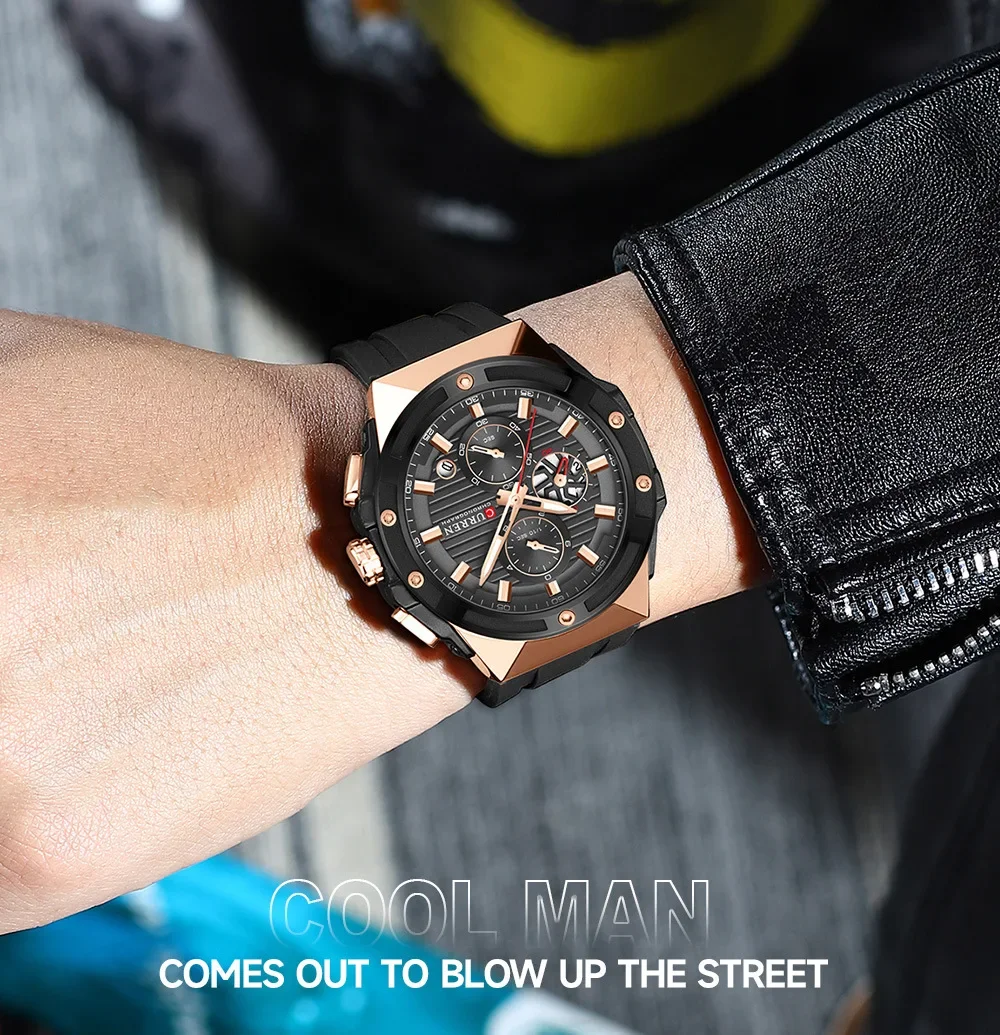 Curren 8462 Fashion Men Watch Six Pin Chronograph Calendar Leisure Waterproof Silicone Sports Night Light Watches for Man