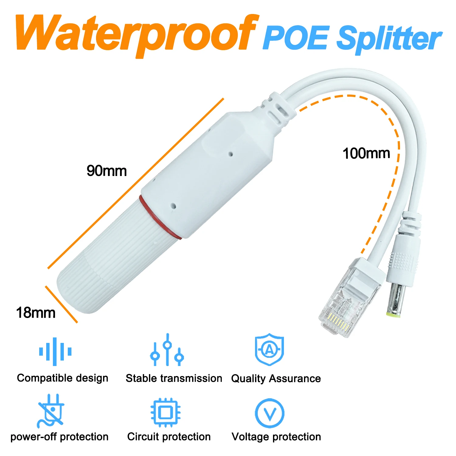 POE Splitter Adapter Active Adaptive Separator Cable Supply Module Injector Non-Isolated  Waterproof 48V to 12V DC 1.2A