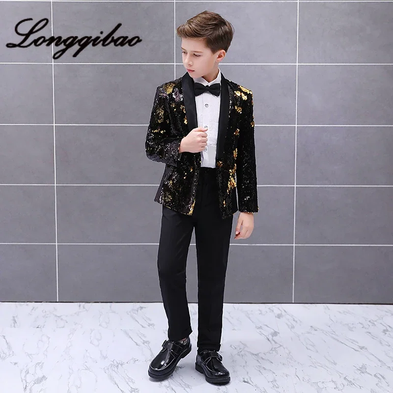 Baby boy set children\'s piano costumes studio model catwalk host fashion sequined suit jacket + pants + shirt + bow tie 4 sets