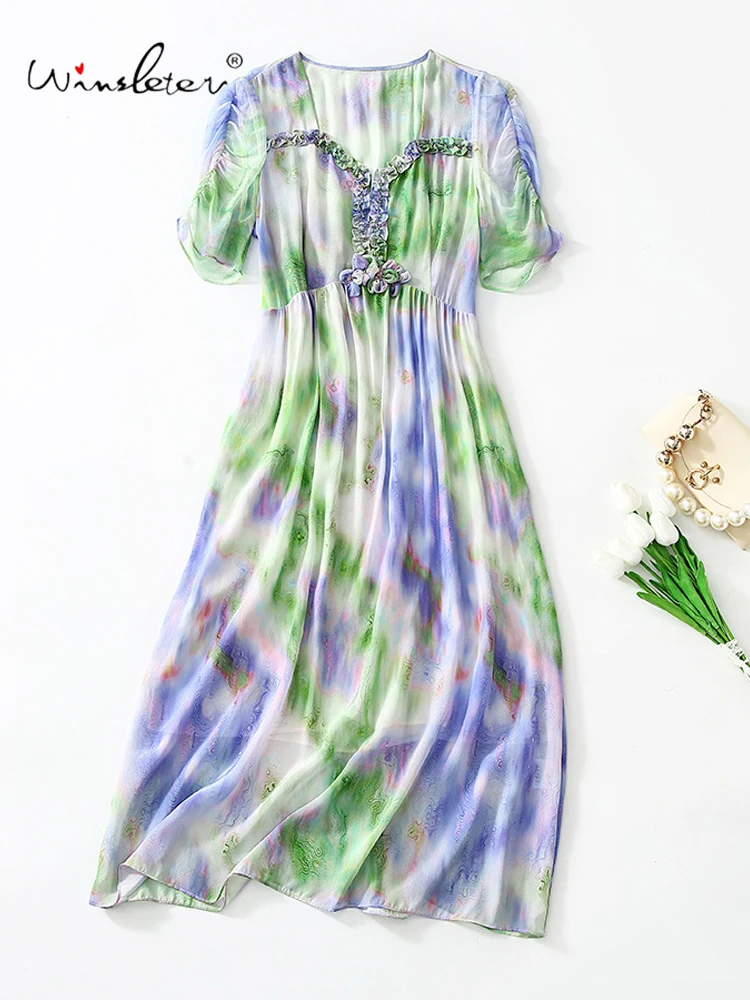 

Winsleter-Women's 100%Real Silk Elegant Dress, V Neck Beading Printed, French Retro Commute Dresses, 2025 Summer New D56838CC
