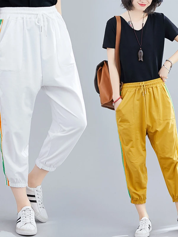 Summer Thin Wide Leg Pants Loose Large Size Sports Cuffed Trousers  Striped Sweatpants Women's New Style Casual Pants