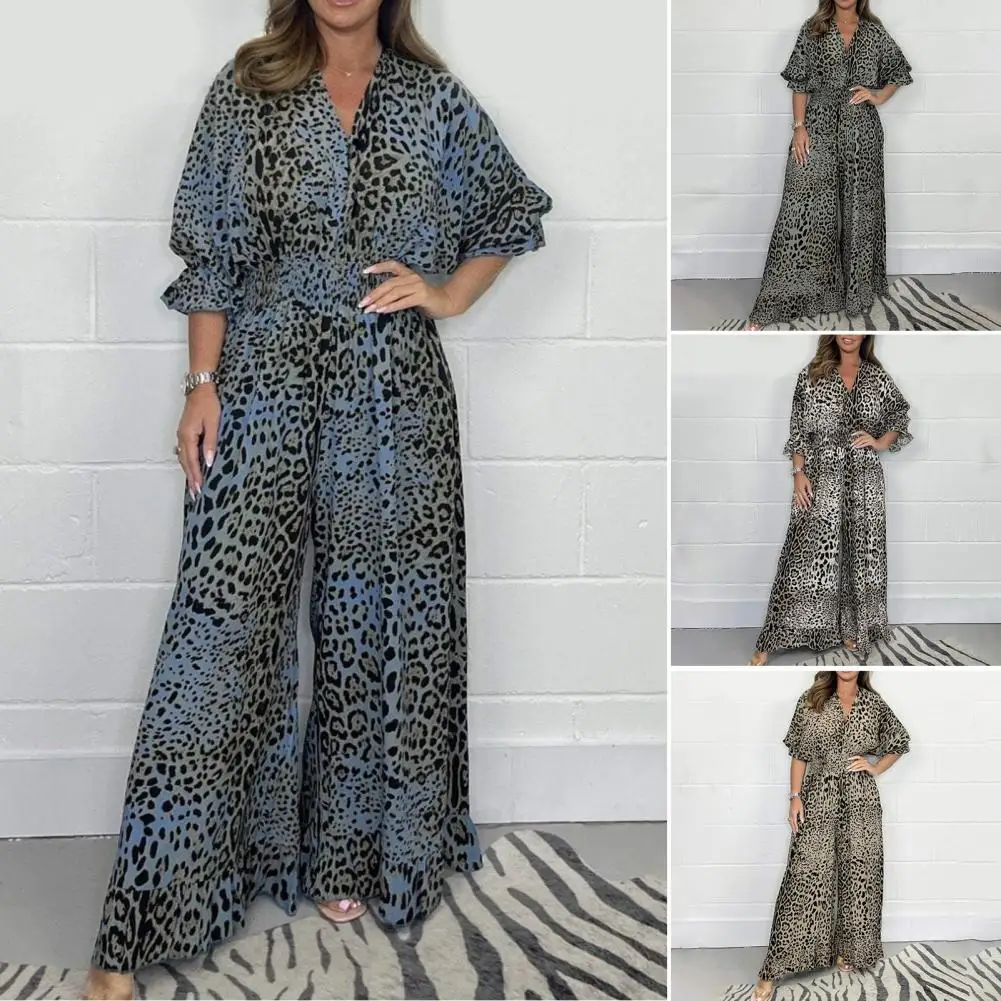 Retro Style Jumpsuit Leopard Print Wide Leg Jumpsuit with V Neck Ruffle Detail Stylish Women's Commute Beachwear for All-day