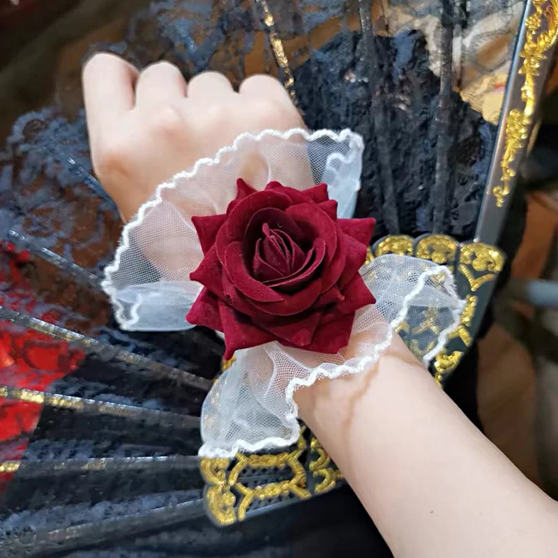 Flower Lace Bracelet for Women Red Gothic Lace Rose Wristband Lolita Bracelets Bridal Bridesmaid Wrist Corsage Wedding Party