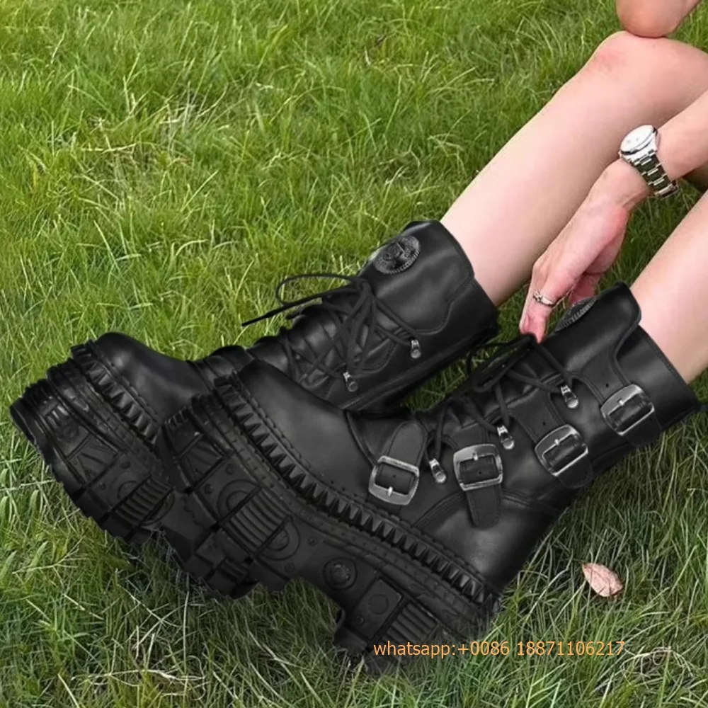 

Punk Belt Buckle Women's Motorcycle Boots 2024 Autumn New Tank Sole Street Rock Lace-Up Black Fashion Sports Casual Knight Boots