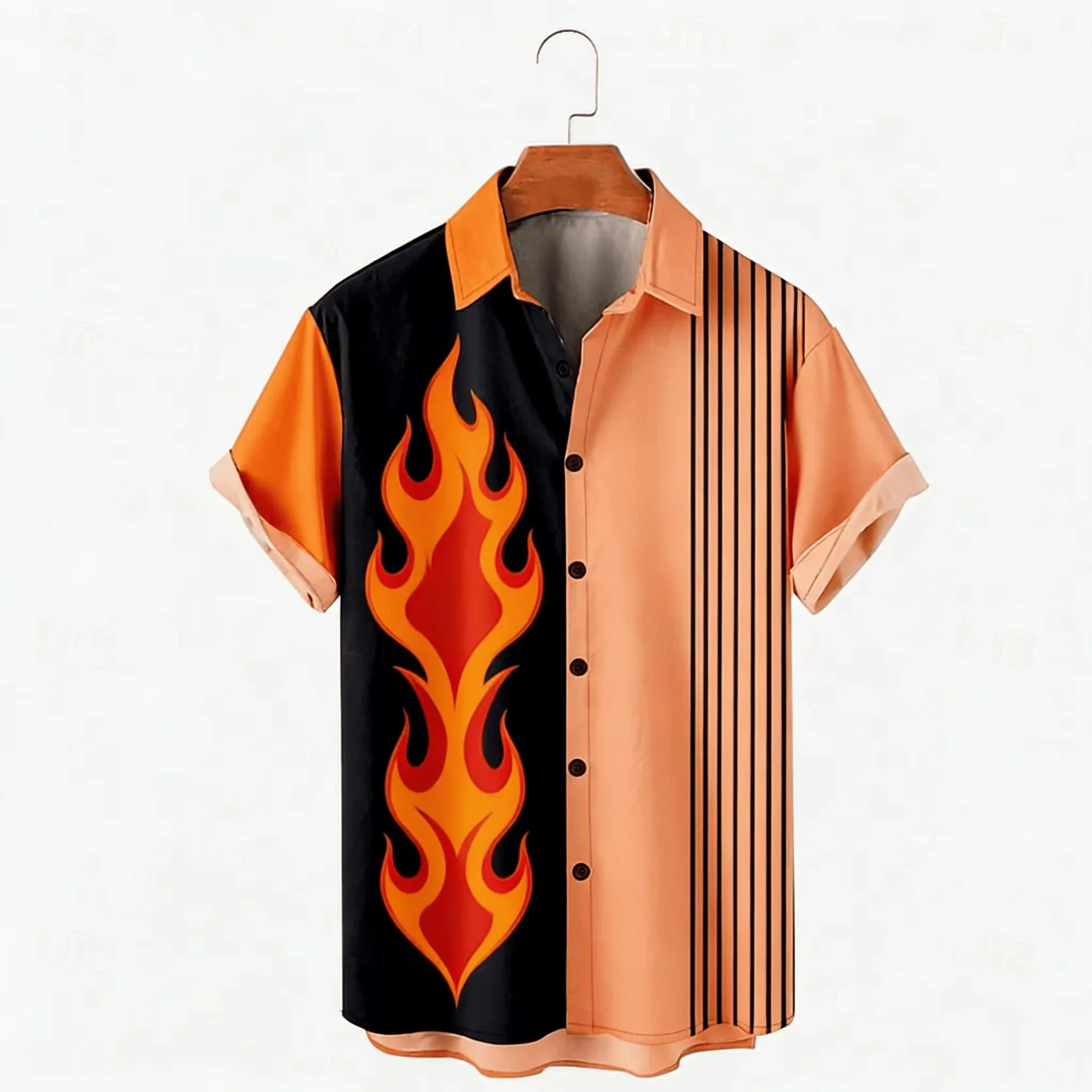 Retro Contrasting Vertical Stripe Gold Totem Short Sleeved Hawaiian Shirt with Line Design for Men's Loose Summer Daily Shirt