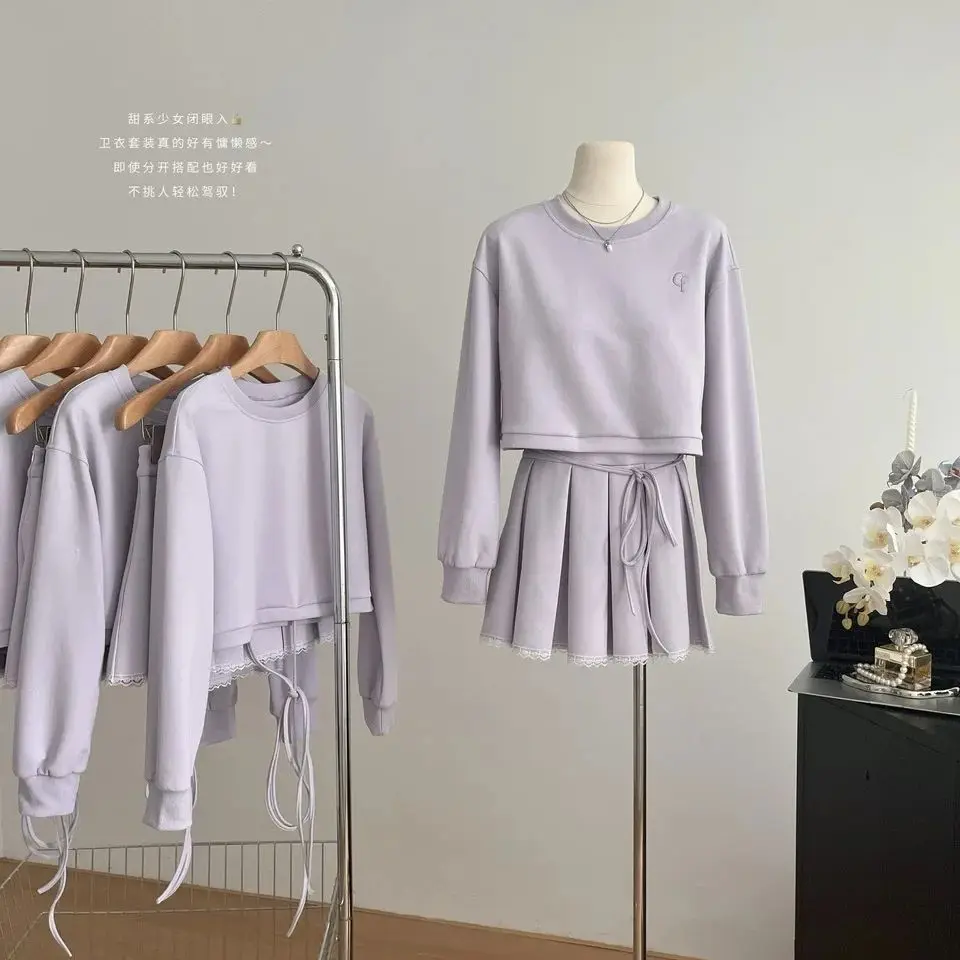 Cream Purple Lace-up Embroidered Sweater & Pleated Skirt Set Cotton Girlish