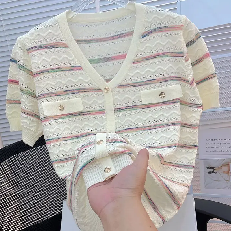 

Women's Cream Colorful Striped Knit Top, V-Neck Short Sleeve Hollow-Out Sweater with Gold Buttons, Casual Elegant Knitwear