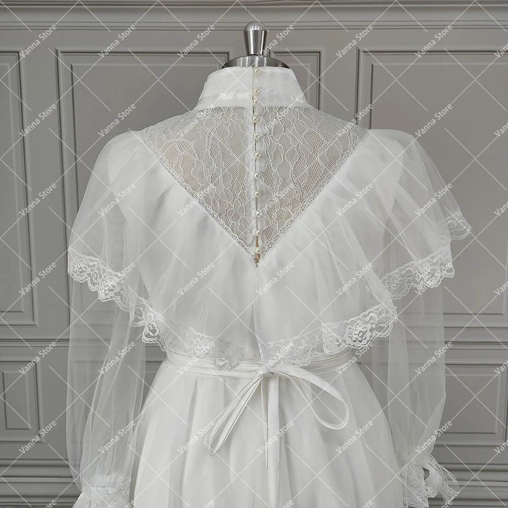 Robe de mariée édouardienne rétro victorienne, robe de patients en dentelle tulle, vintage, sur mesure, col haut, ligne A, manches longues, photos réelles