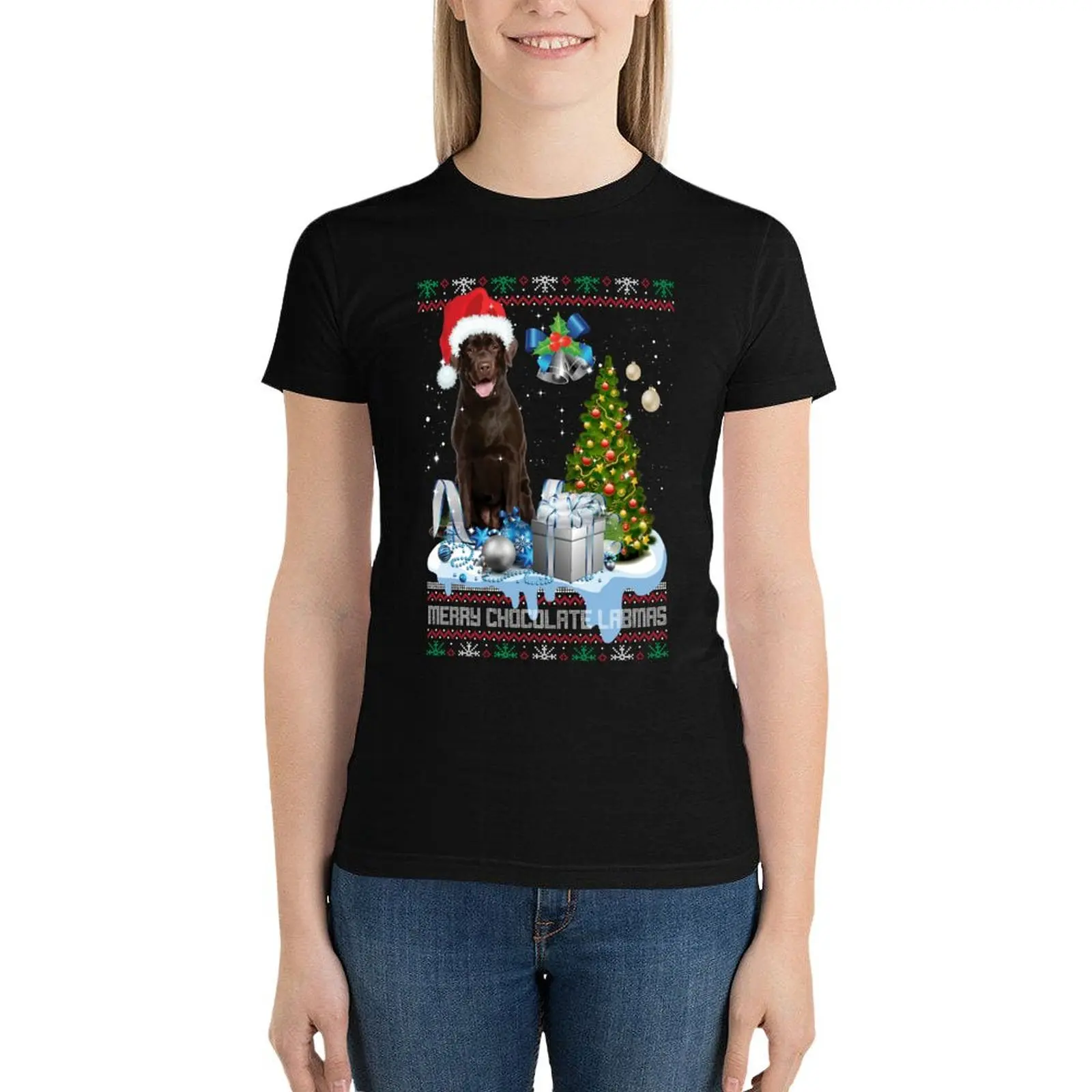 Chocolate Labrador Santa Hat Ugly Christmas T-Shirt lady clothes graphics hippie clothes T-shirt Women