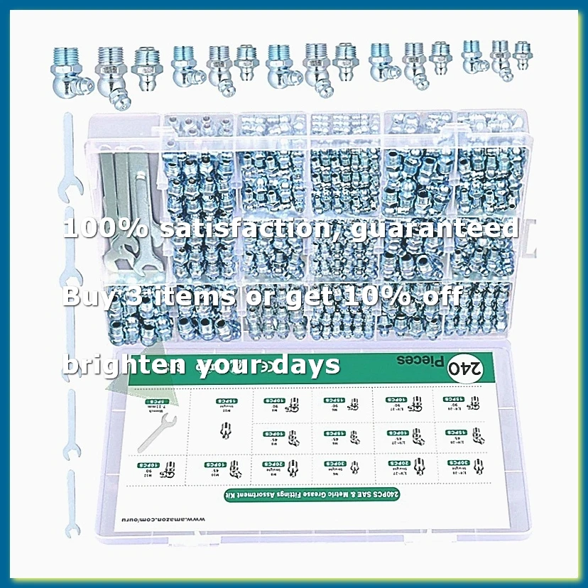 240PCS Grease Fittings Assortment,SAE & Metric Zerk Grease Fittings Straight 45 90 Degree with Wrench Kit(7-11mm)