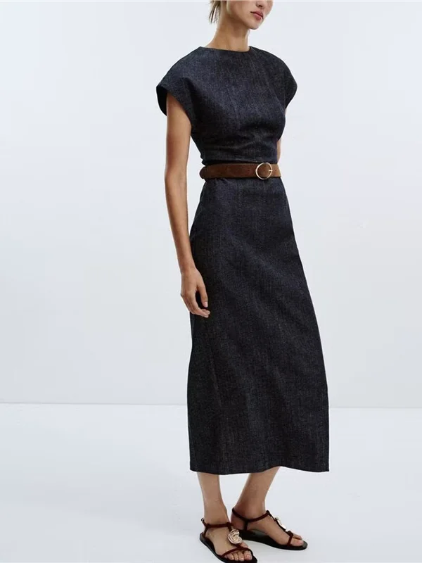 

Faionable Slim Fit Midi Dr with Belt Ele Sle ort Sve Women's Dr Polyester Fabric A-Line Sve Step Dr