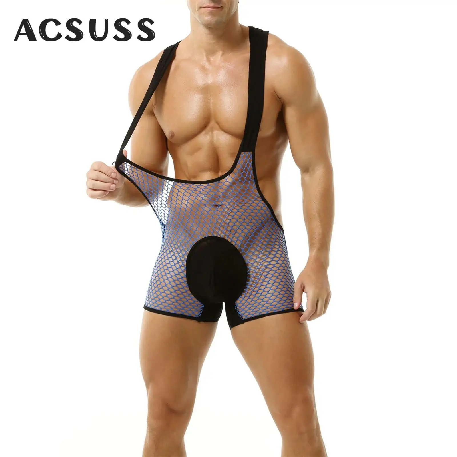 

Mens Fishnet Wrestling Singlets Leotards Hollow Out Boxer Shorts Jumpsuit with Bulge Pouch Workout Fitness Bathing Suit Clubwear