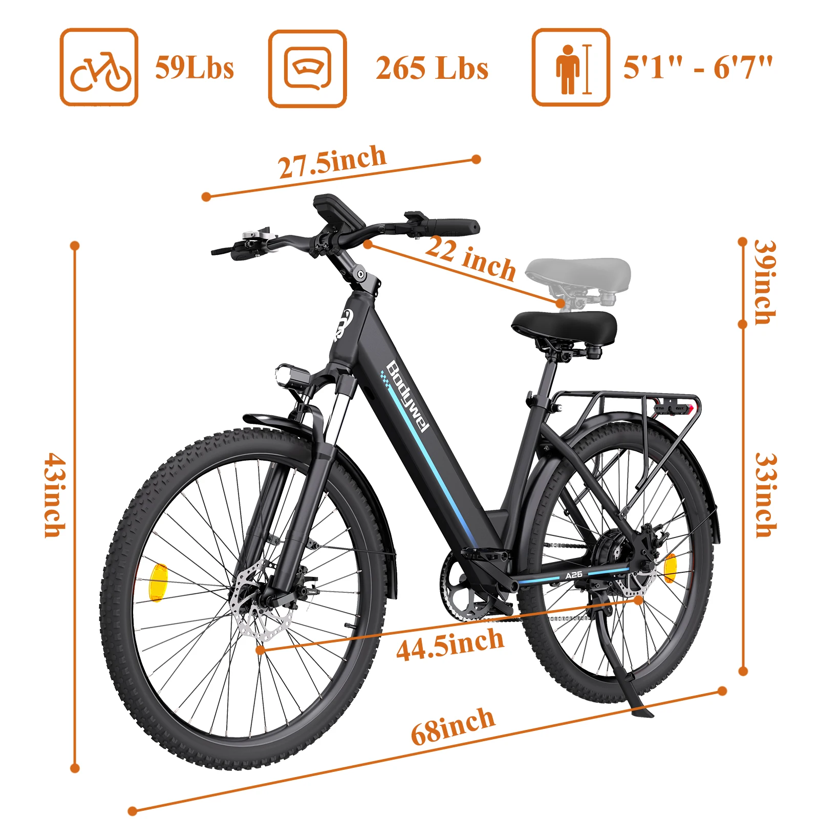 Bodywel A26 elektrische fiets, 26 inch commuter e-bike, 36V 13Ah uitneembare accu, 7-versnellings elektrische stadsfiets voor volwassenen, EU verzending