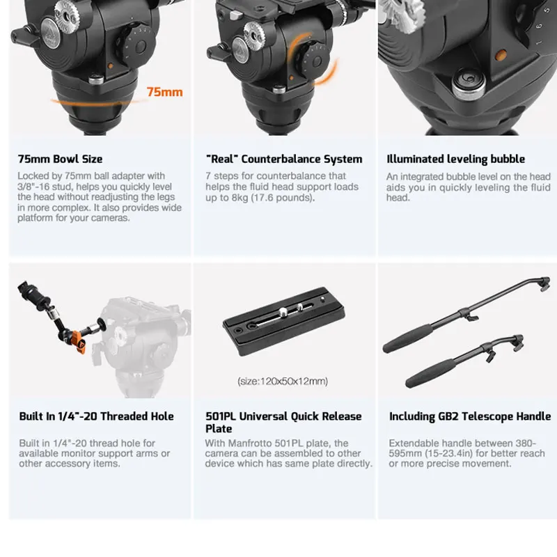 حامل ثلاثي القوائم E-IMAGE EG08AA احترافي مقاس 75 مم، حامل ثلاثي من الألومنيوم خفيف الوزن للفيديو