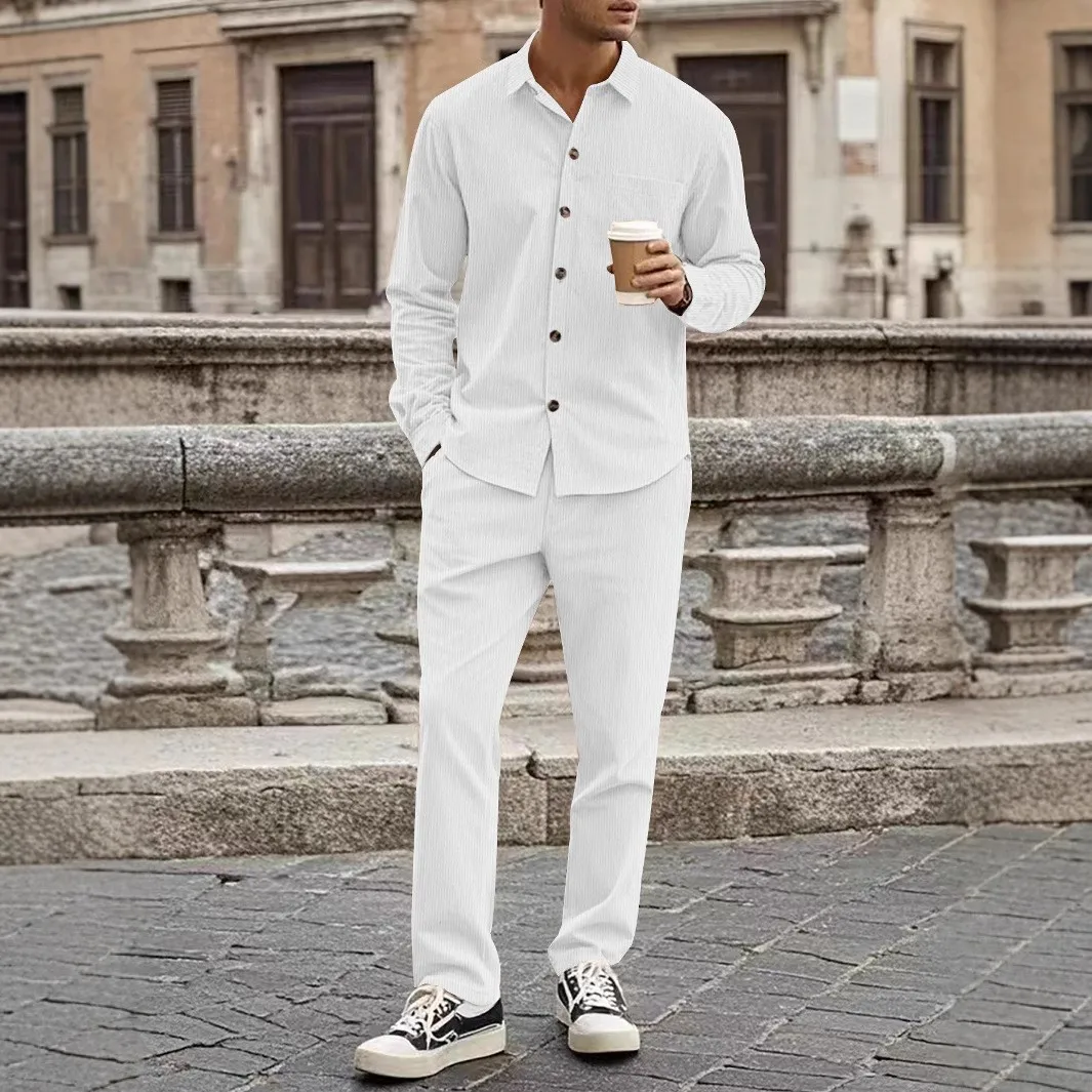 Men's Trendy Corduroy Spring/Autumn Style Casual Buttoned Long-Sleeved Jacket And Pants Set for Men