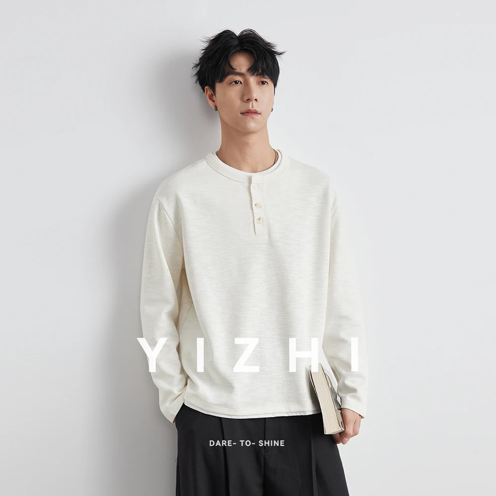 Men Henry Collar Fake Two-Piece Long-Sleeved T-Shirt 2025 Spring and Autumn New American Retro Loose Underwear Long-Sleeved Top - Image 4