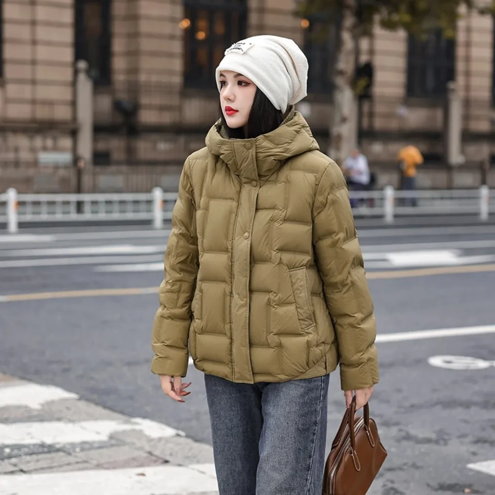 Jesień Zima Nowa Kolekcja Odzież Damska Moda Kurtka z Kapturem z Białego Puchu Kaczygo Ciepła Luźna Kurtka Puchowa Damska Prosta Odzież Wierzchnia