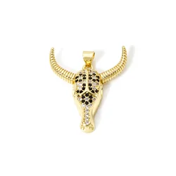 1pc West Cowboy Brass Pendant Gold Color Cow Head Micro Pave Clear Black Cubic Zirconia Charms DIY Necklace Jewelry 3.2cmx2.7cm