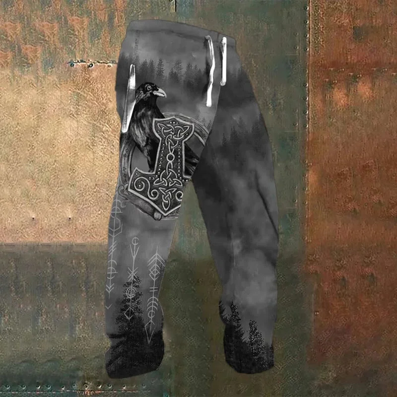 Men's casual pants retro Viking crow 3D printed casual pants drawstring straight leg pants summer beach pants