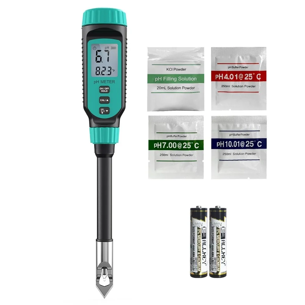 

High Accuracy Digital pH Meter for Soil Water Plants Solution Food Garden Use with Thermometer LCD Display Calibration Powder