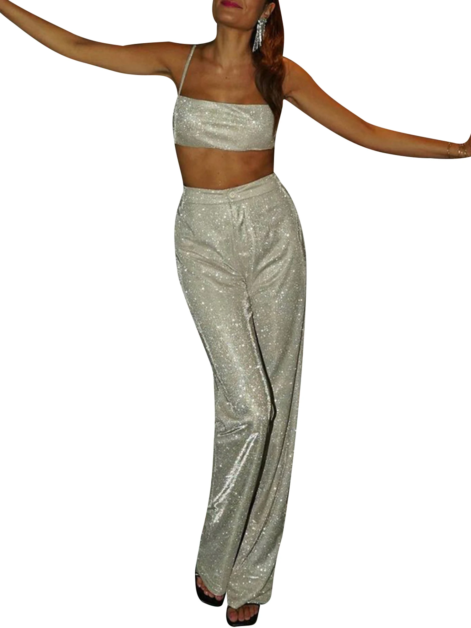 Women s Sleeveless Tank Top and Skinny Pants Set High Waist Spaghetti Strap Outfit with Shiny Metallic Finish Stretchy and