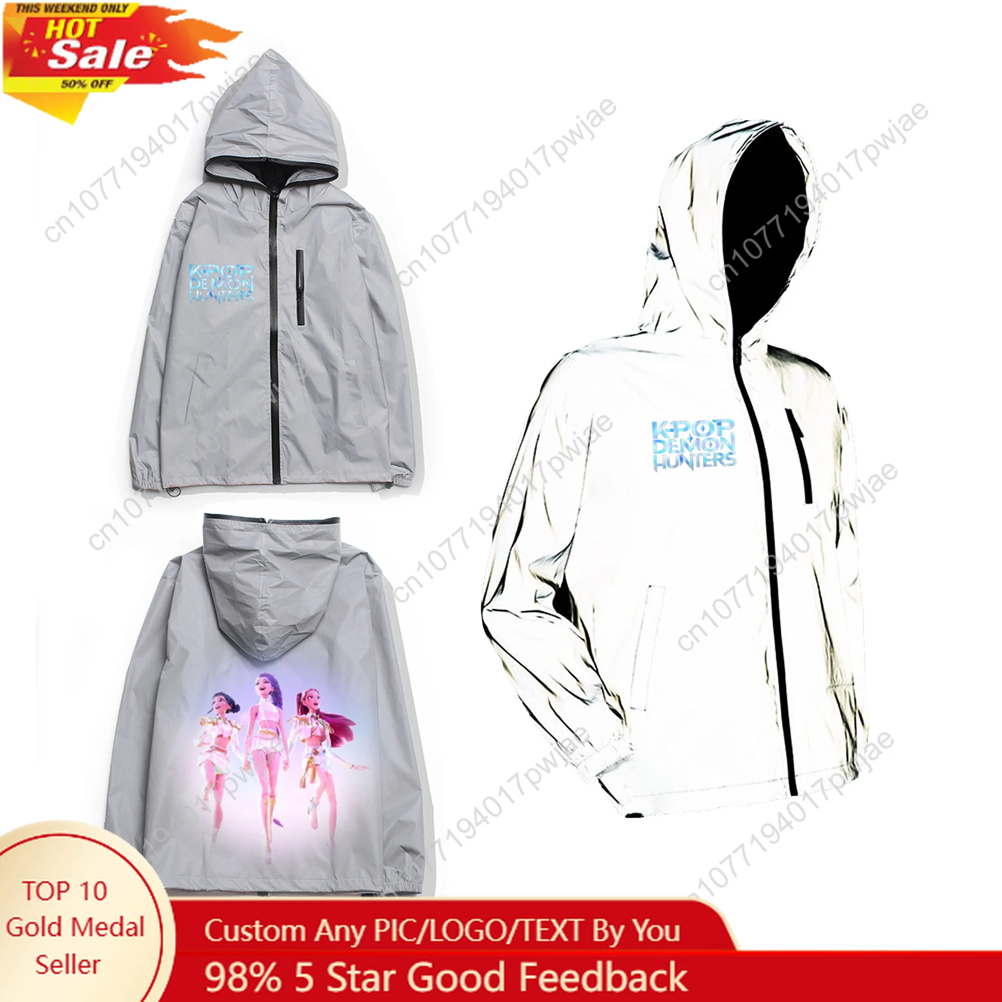

KPop Demon Hunters Reflective Jacket Mens Womens Coat Hooded Windbreaker Run Pocket Jackets Hiking Zipper Customized Hoodie