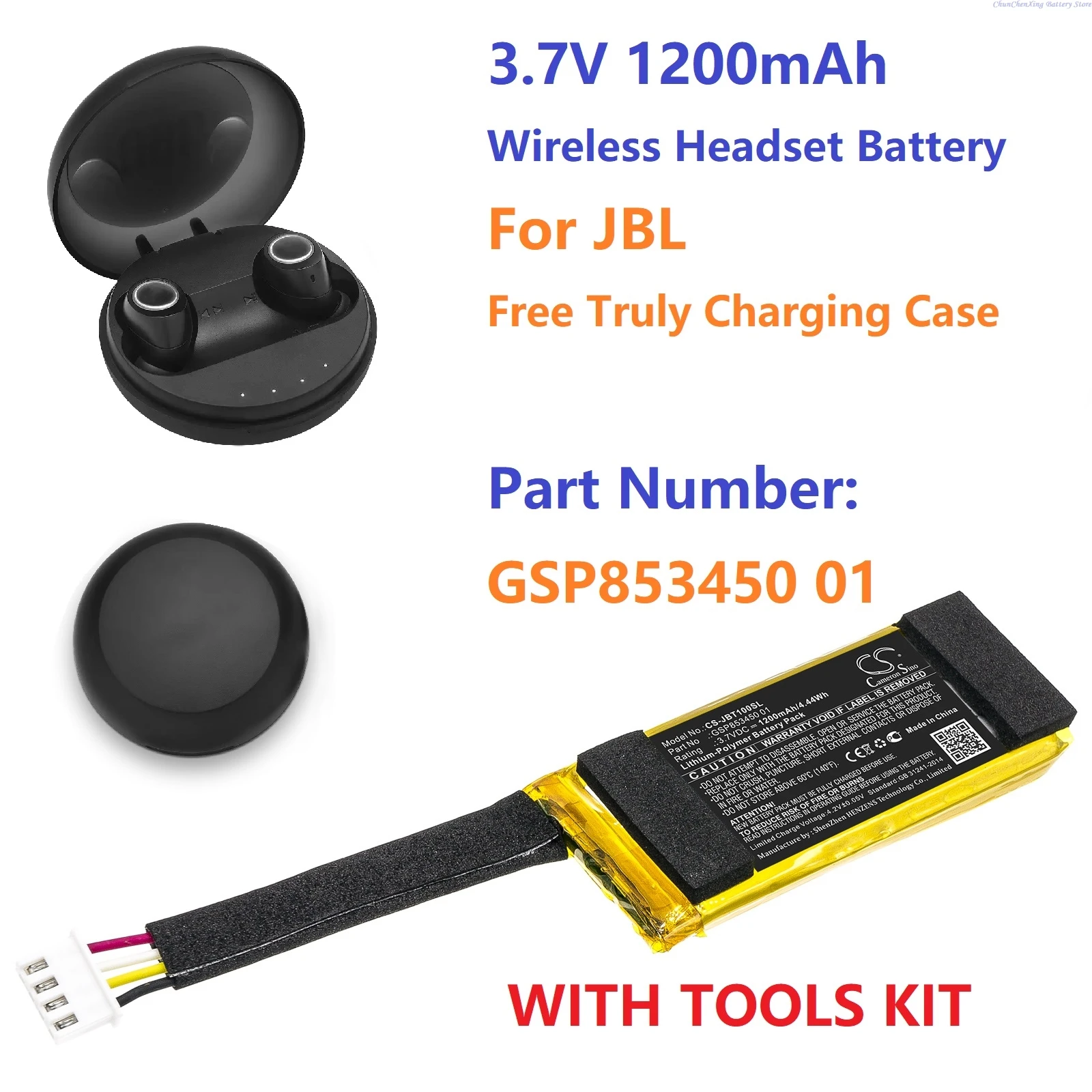 

Cameron Sino 3.7V 1200mAh Wireless Headset battery GSP853450 01 for JBL Free Truly Charging Case +TOOLS KIT