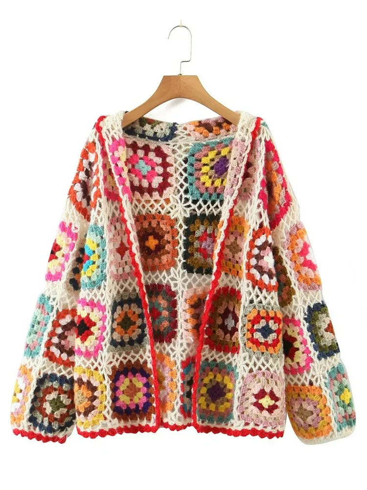 Ethnic Hand Crochet Hooded Cardigan with Plaid Flower Design - Beach Open Stitching Sweater