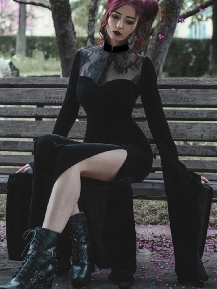 เดรสยาวสีดำทรงเอวสูง แขนบาน แต่งลูกไม้เว้าสไตล์โกธิค เหมาะสำหรับงานปาร์ตี้ฮาโลวีน แฟชั่นสตรีท สไตล์คลับแวร์