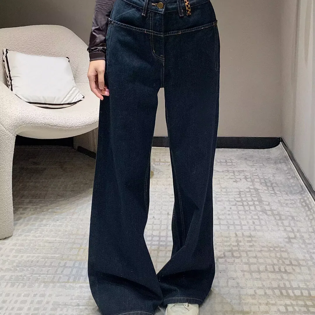 2024 New Fashion Design Navy Blue Loose Wide Leg Jeans Women High Waist Leopard Patchwork Streetwear Denim Long Pants