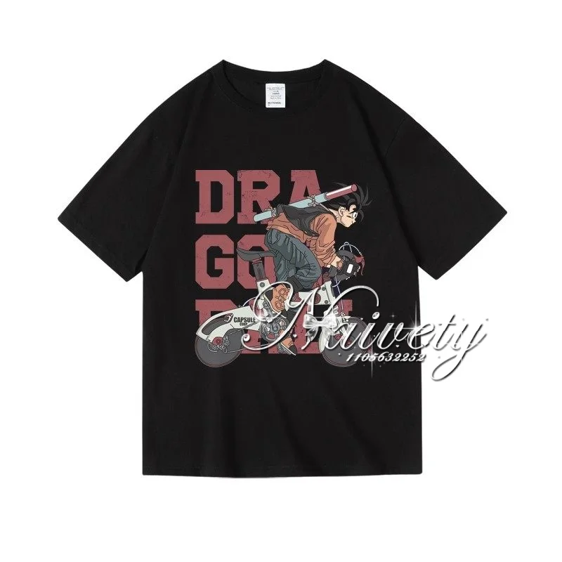 

2026 Summer Dragon Ball Goku Bike Cotton T-shirt Oversized Anime Print Breathable Y2K Top for Adults Kids
