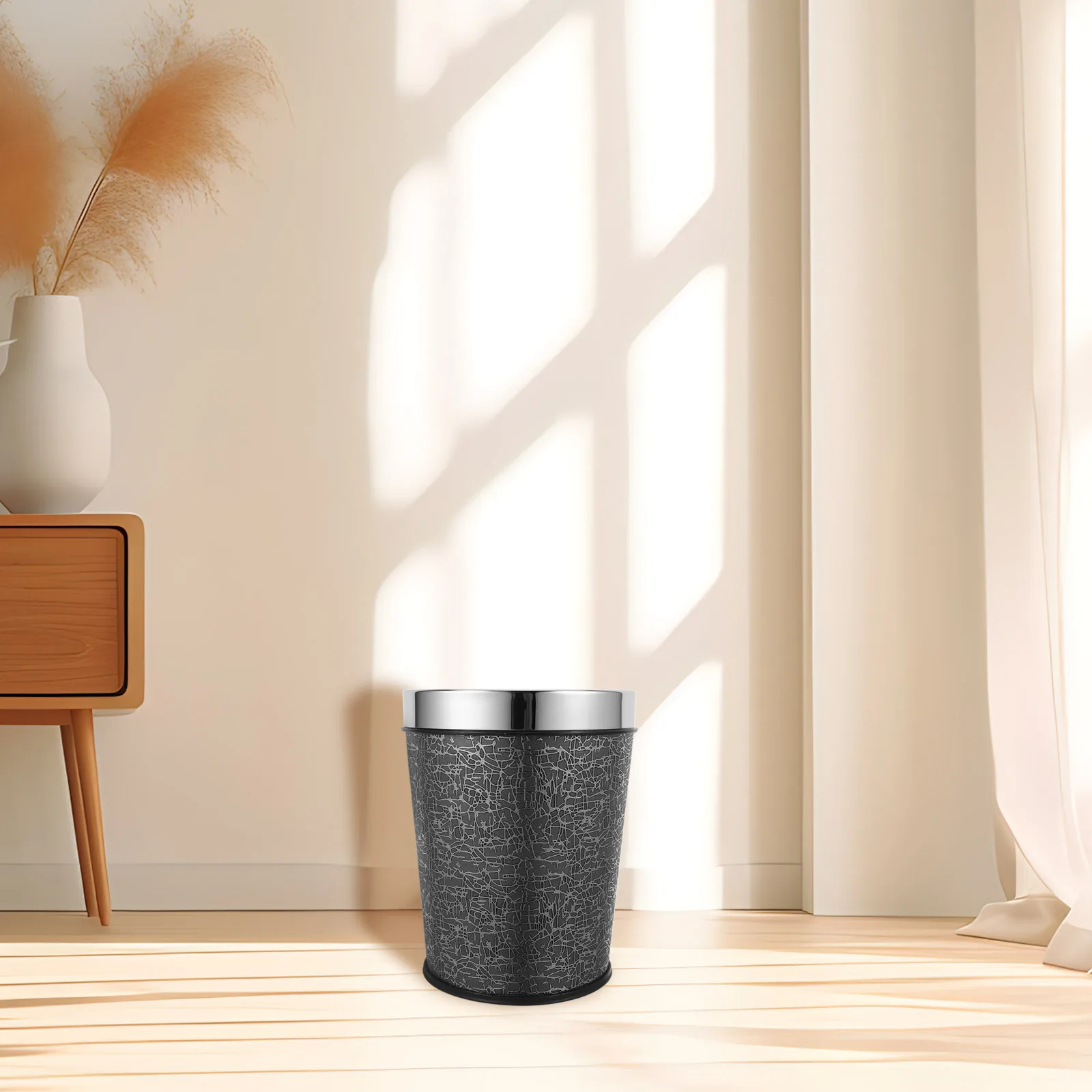 

Trash Can Round Pu Waste Bucket for Home Office Bedroom Living Room Modern Garbage Container Storage Bin Household
