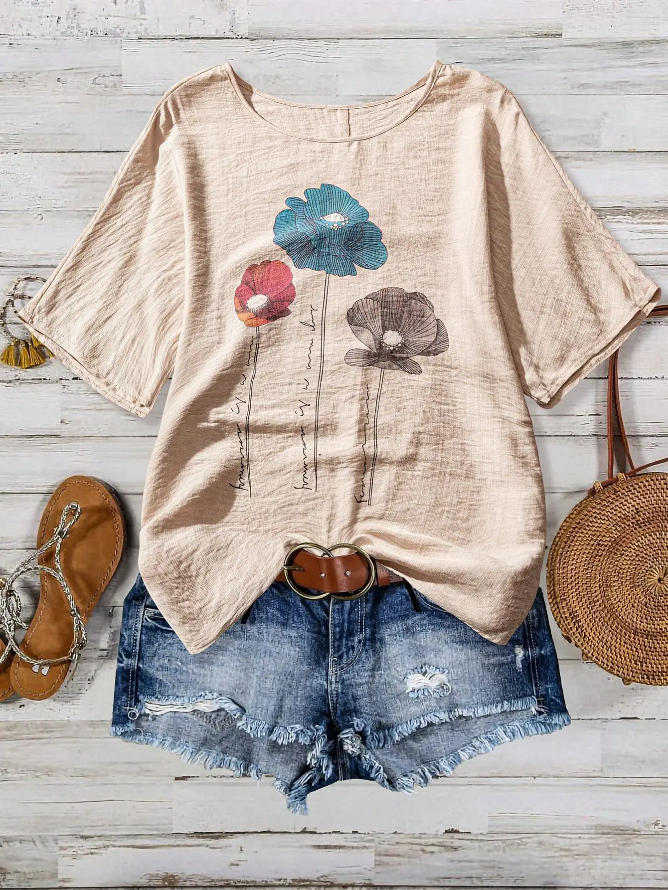 

Women Floral Print Casual Vacation Blouse Summer Loose Fit O-Neck Short Sleeve