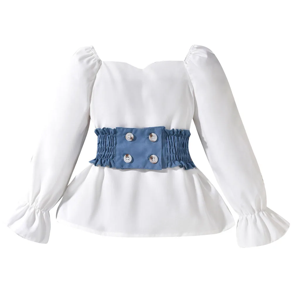 

Elegant Girls Shirts Long Sleeve Teenager Girl Blouse Chiffon with Waist Belt Puff Shoulder Square Neck Kids Clothing 8-12Y Plus