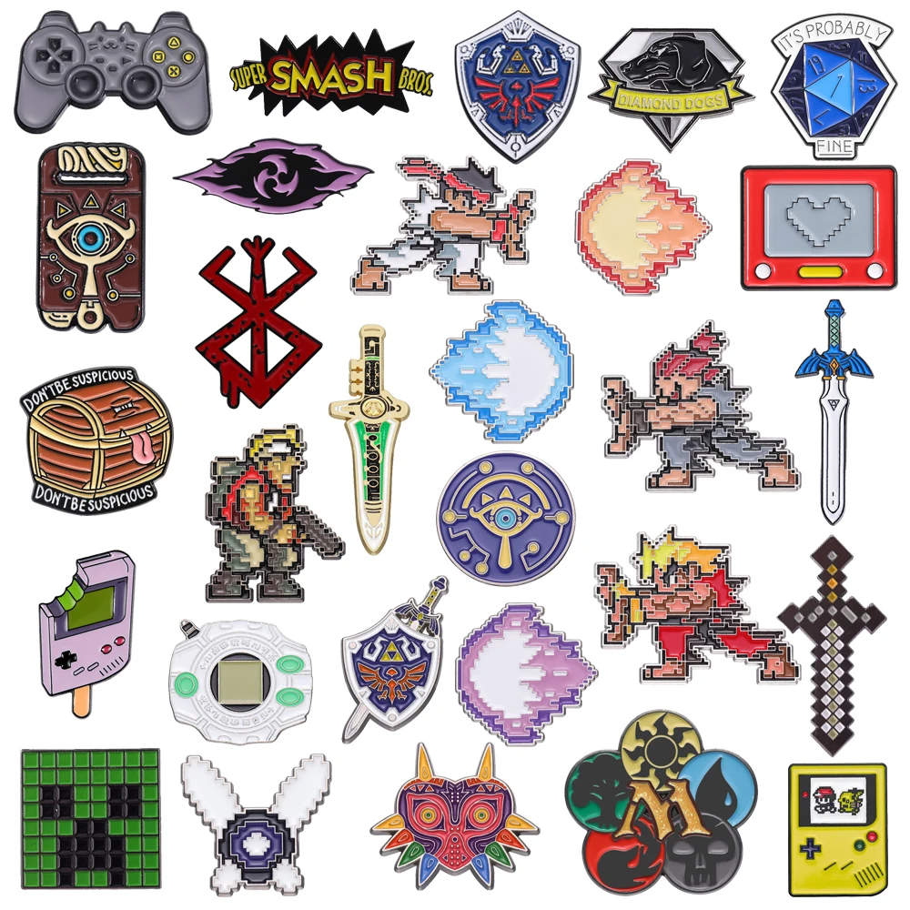 Cartoon Game Brooch Shield Dice Airwave Treasure Chest Sword Dagger Transform Machine Console Adventure Badge Punk Pins Jewelry