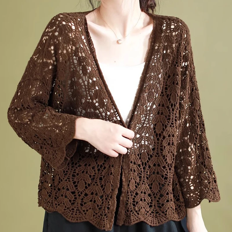 

Женский вязаный крючком кардиган, топы с открытой передней частью и рукавами 3/4, солнцезащитные рубашки, повседневные пляжные накидки, летняя уличная одежда