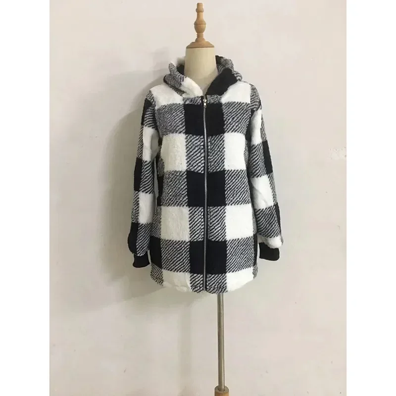 Womens Polar Fleece Long Sleeve Coat Fashion Plaid Casual Loose Pocket Zip Hooded Pullover Jacket Office Commuter Street Outwear