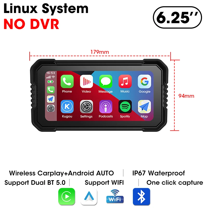 Jansite Draagbare 6.25" Motor GPS-navigatie Draadloze Carplay Android Auto DVR Drive Recorder Moto Monitor IPX7 Waterdicht