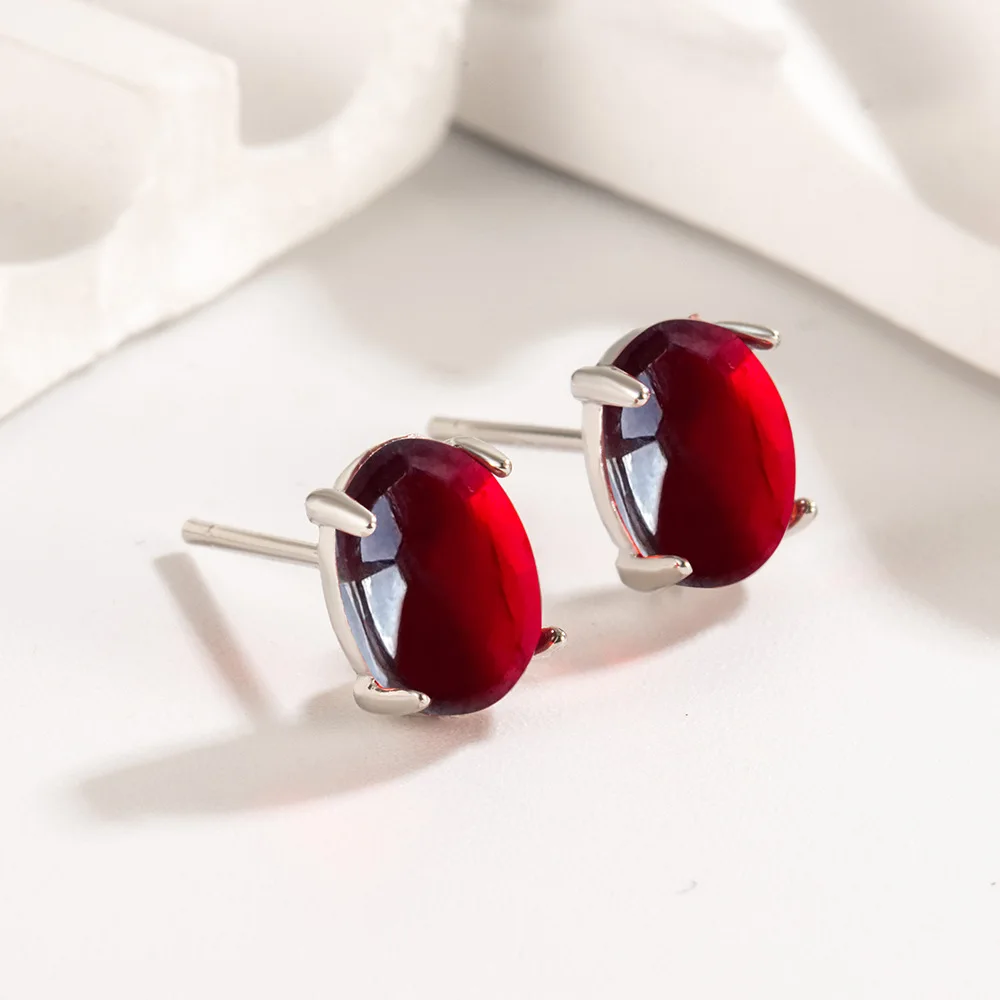 Fashion Statement Gemstone Jewelry 2026 Oval Red Genuine Natural Garnet Ruby 925 Sterling Silver Stud Earrings for Women