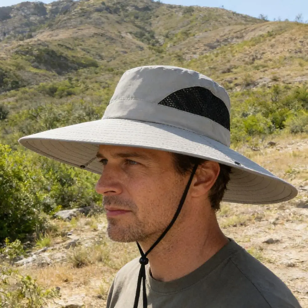 Bucket Hat Breathable Mesh Fabric Wide Brim Adjustable Fit UV Protection Hat Outdoor Activities Foldable Sun Hat Summer Fishing