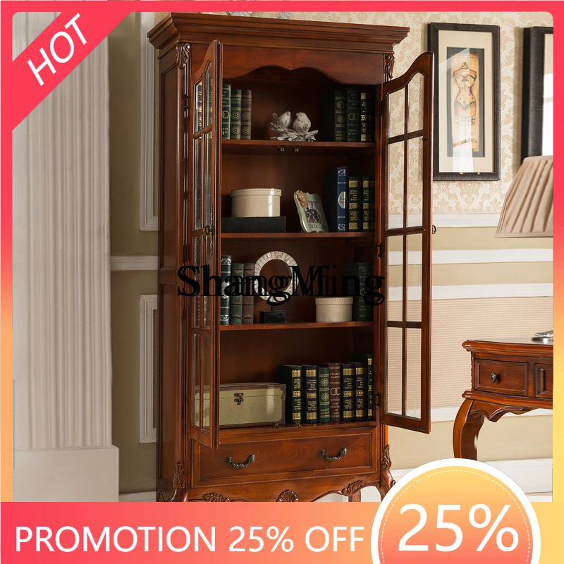 

FG good-looking New Solid Wood Bookcase with Door Storage Antique Display Glass Bookcase Furniture