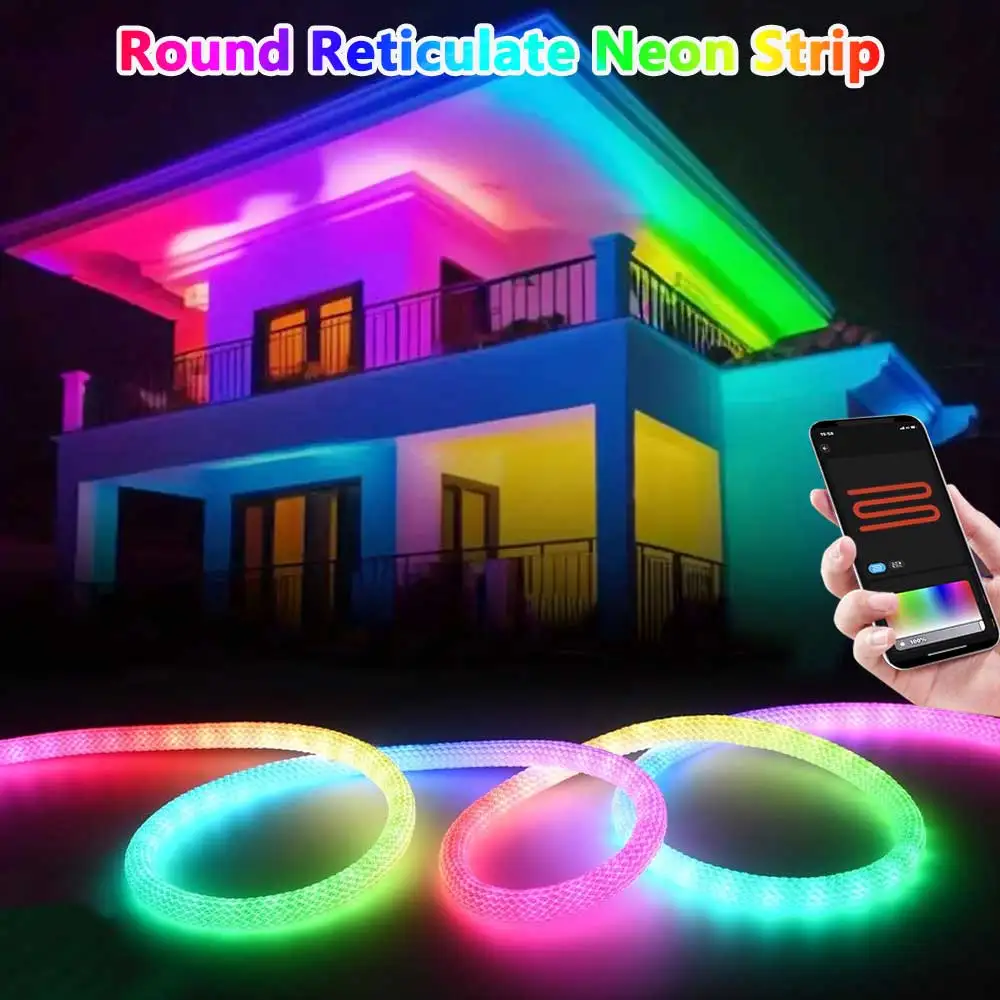 Round Reticulate Neon LED Strip USB DC5V 360 Degree Strips Lights RGBIC Nylon Flexible Dream Colorful Rope Light For Bedroom