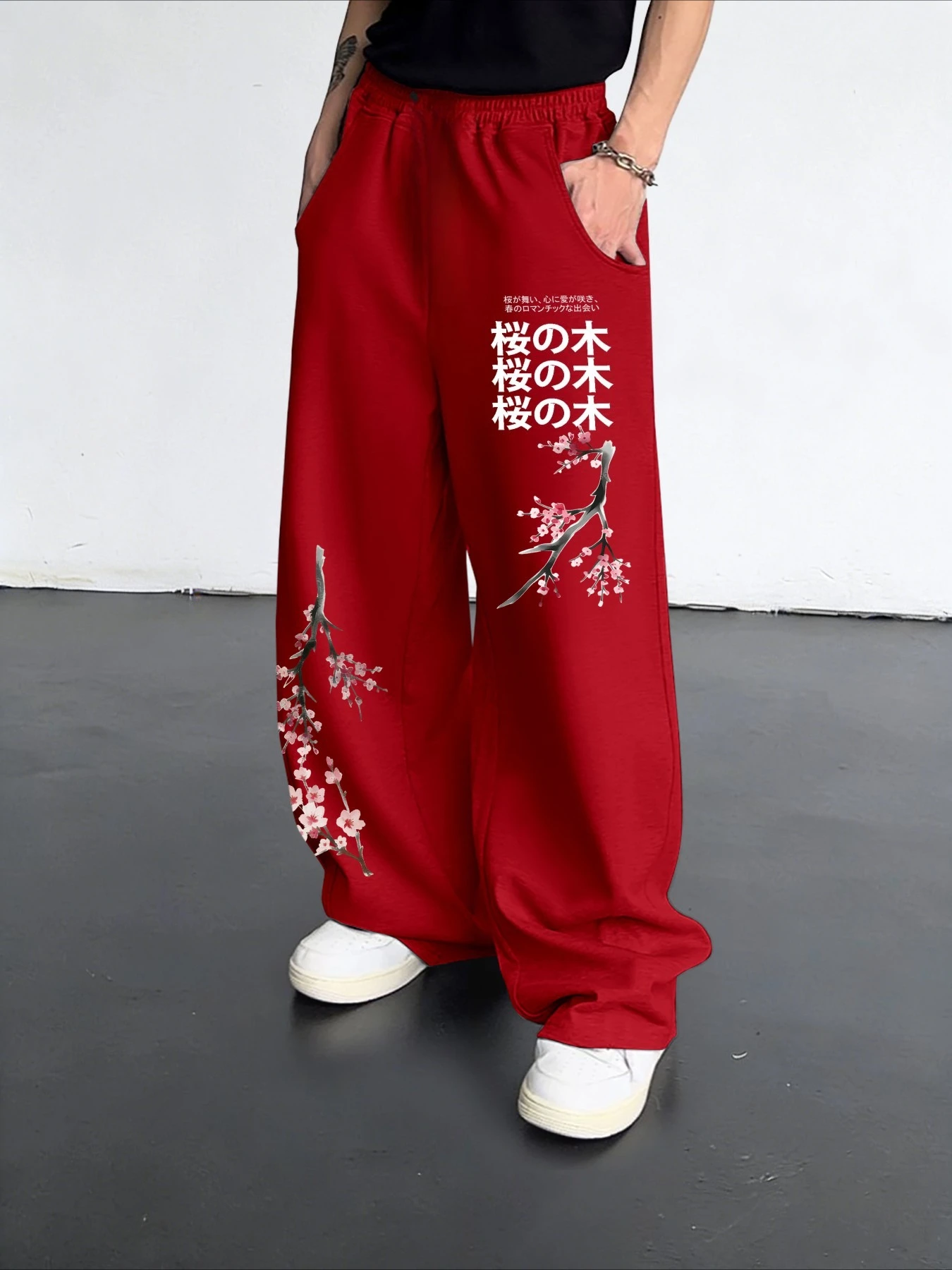 Herrenhose mit japanischem Kirschblüten-3D-Print, lässige Streetwear-Hose, lockere Damenhose im Harajuku-Stil – Detail 6