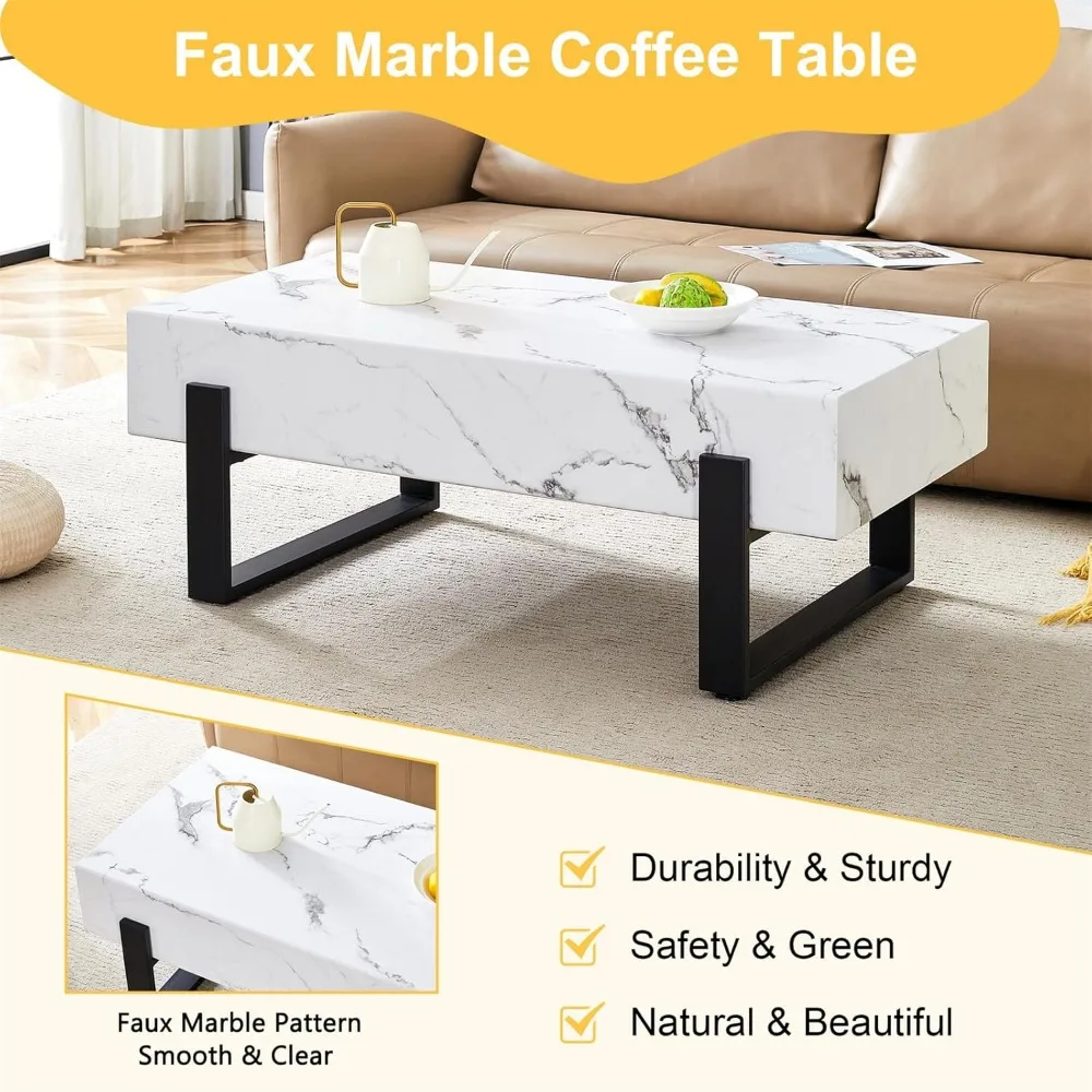 Large Rectangular Marble-Patterned Coffee Table with Metal Legs for Living and Dining Rooms