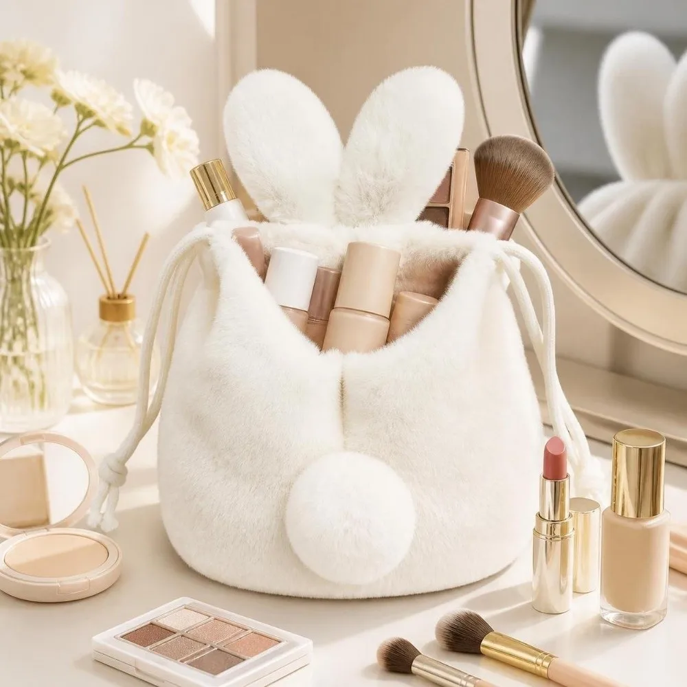 Fluffy Style Drawstring Storage Bag Large Capacity Multi-Functional Bunny Plush Pouch Tail-Like Tassel Cartoon Design Makeup Bag