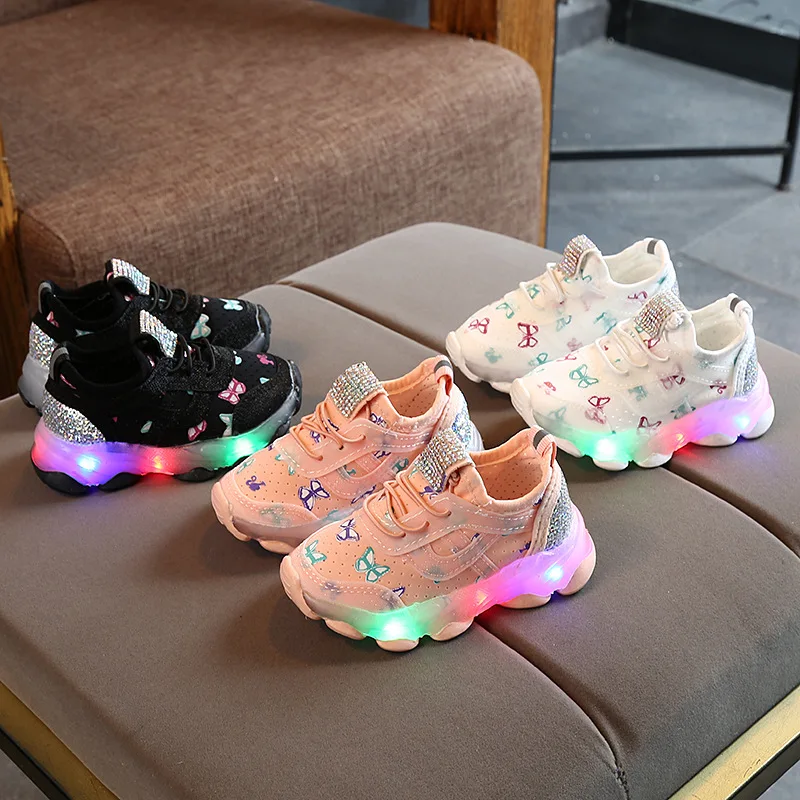 Tenis Kid Glowing Shoes for Girl Boy 2023Spring New Led Shoe Fashion Rhinestone Breathable Mesh Kid Sneaker Casual Shoe Kdi Shoe