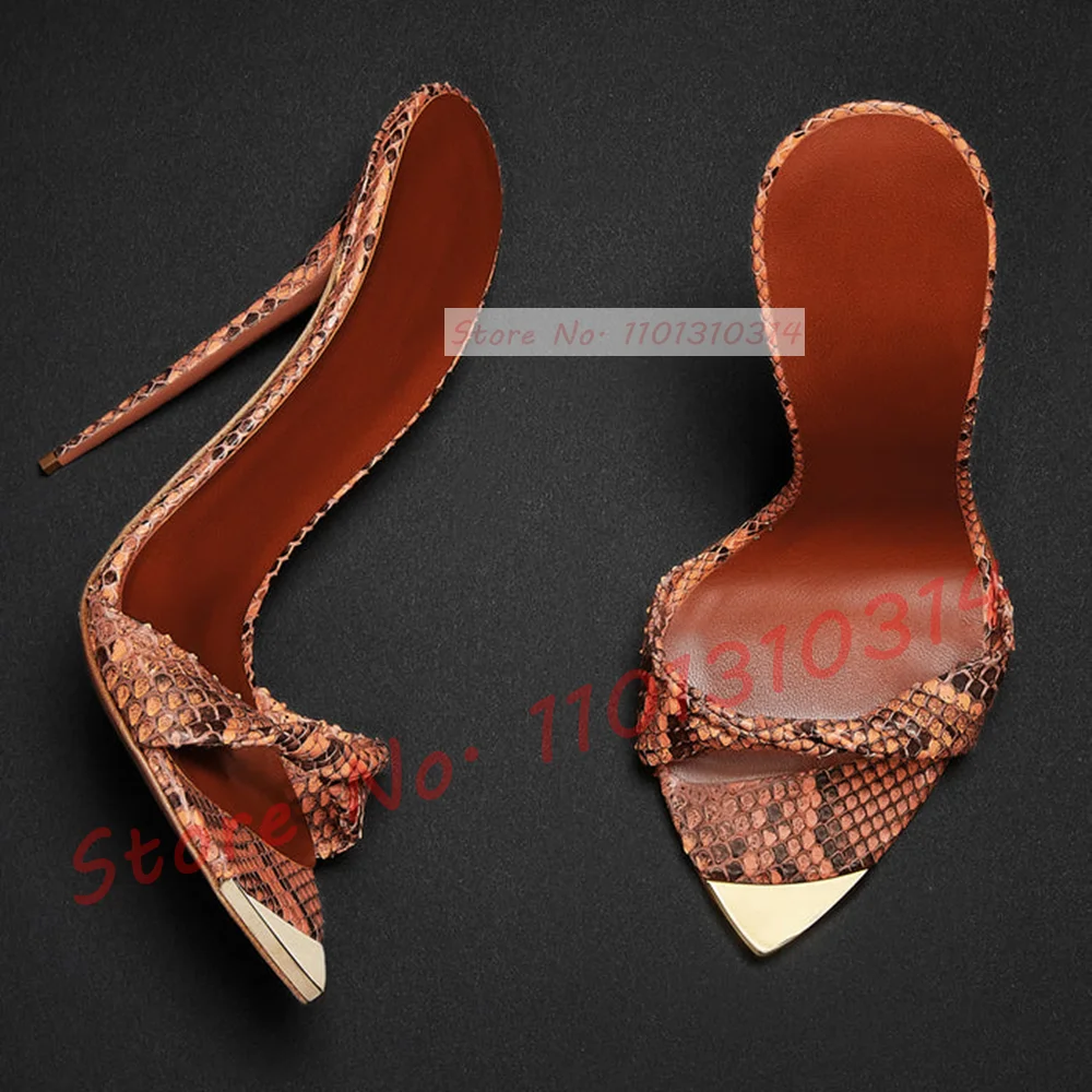 Plated Pointy Twist Strap Slippers Women White Python Covered Toe Strap High Heels Shoes Female Sexy 2023 Summer Holiday Slides