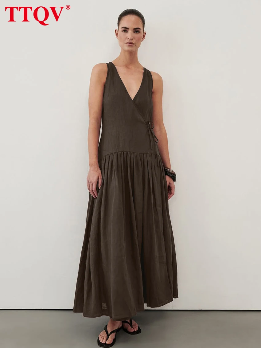 

TTQV Summer Loose Brown Cotton Women's Dress 2026 Sexy V-Neck Sleeveless Ankle Length Dresses Elegant Classic Solid Female Dress