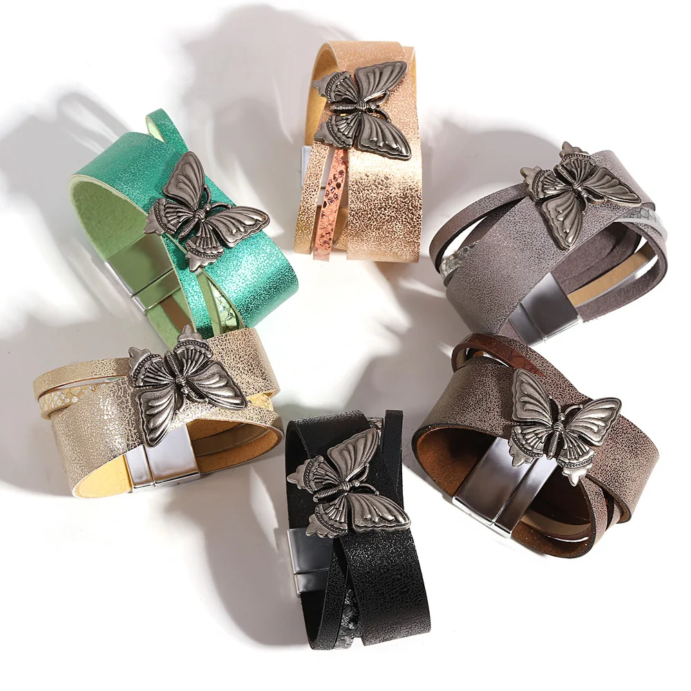 ALLYES Vintage Metalowa Bransoletka Skórzana z Ozdobą Motyla dla Kobiet i Mężczyzn Prosta Bransoletka Krzyżowa Szeroka Bransoleta Biżuteria z Zawieszkami — zdjęcie 6
